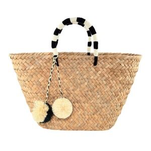 Kayu St Tropez Pom Pom Straw Tote Blk White Striped Handles Basket Summer Light